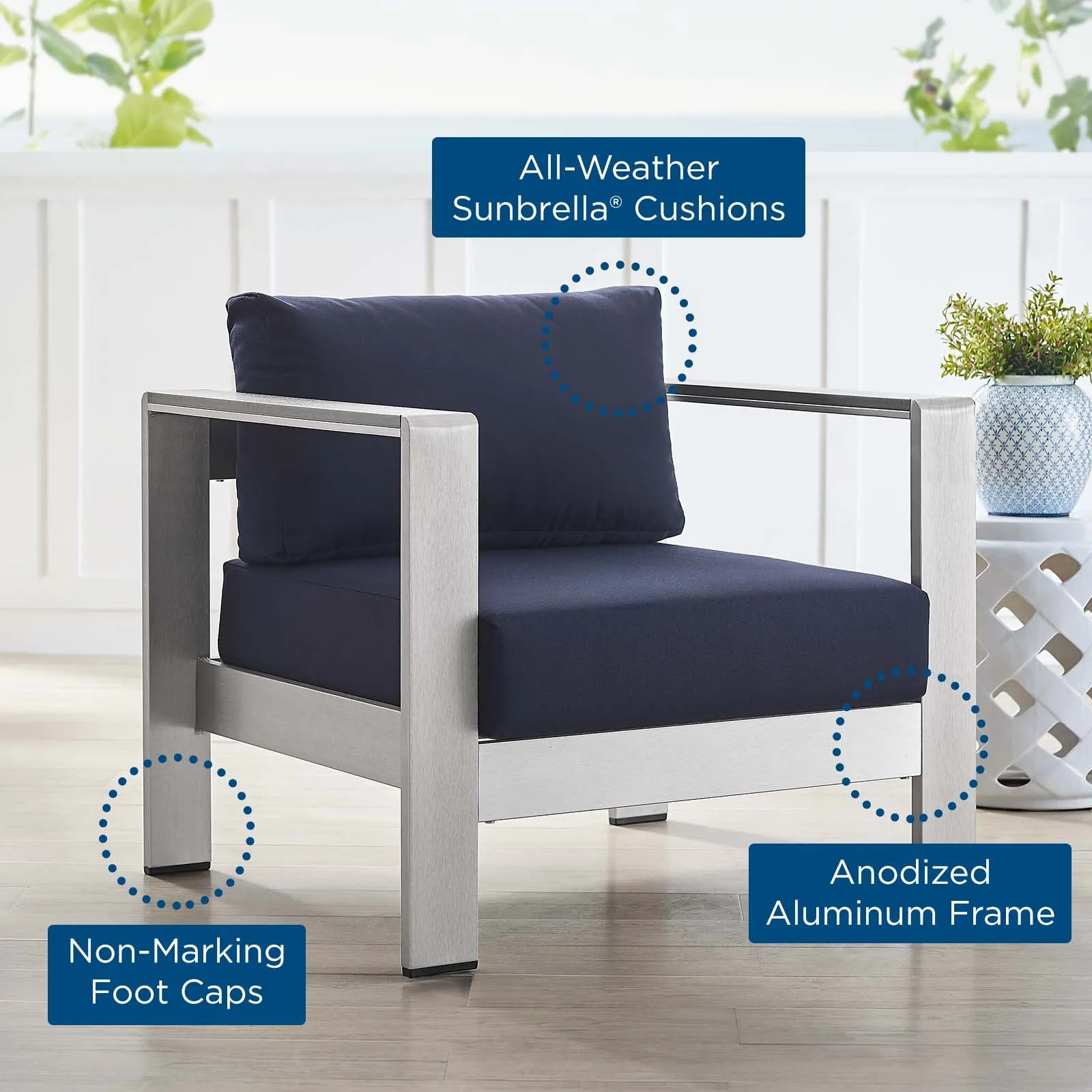 Shore Sunbrella Fabric Aluminum Outdoor Patio Armchair