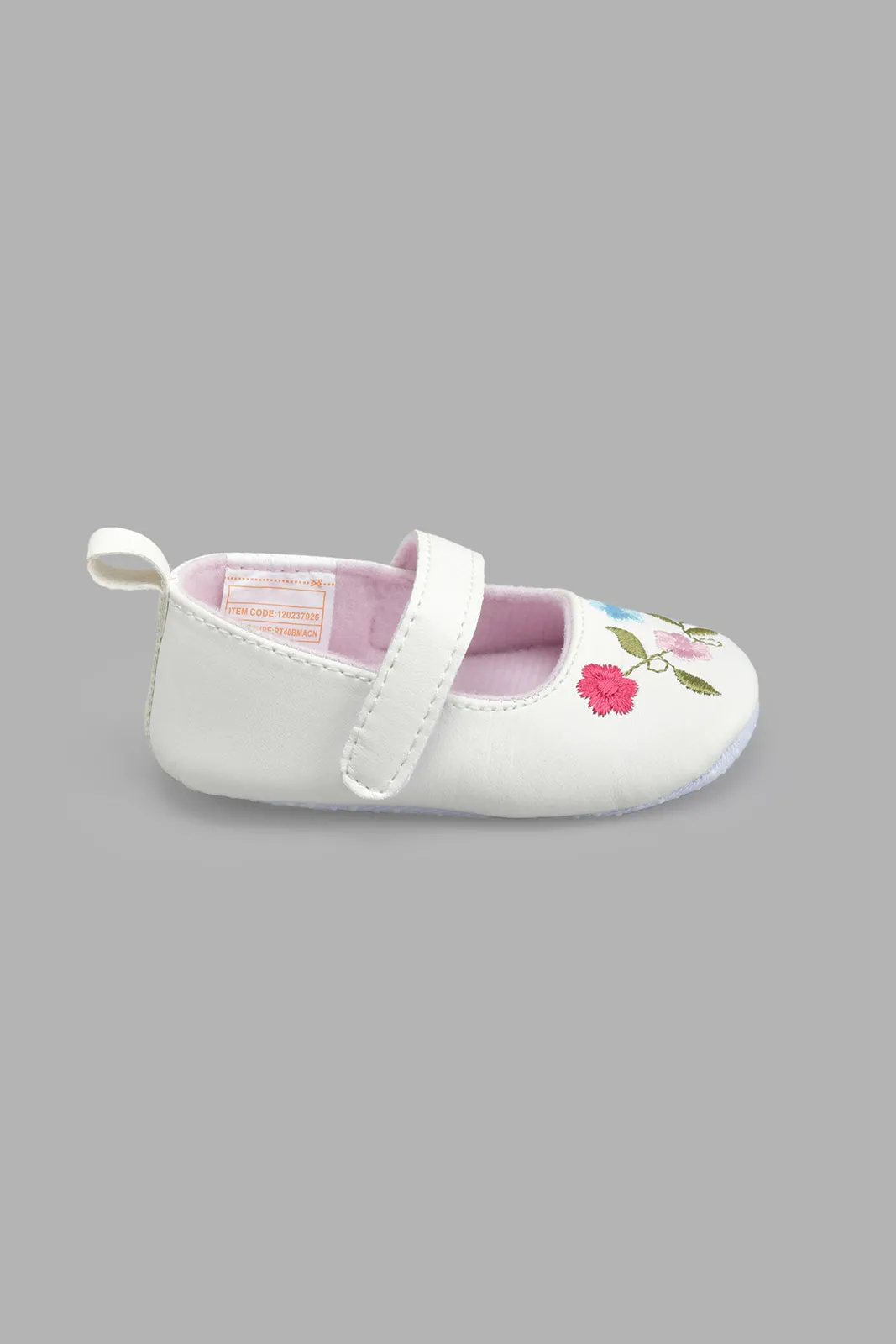 White Flower Embroidered Pump For Baby